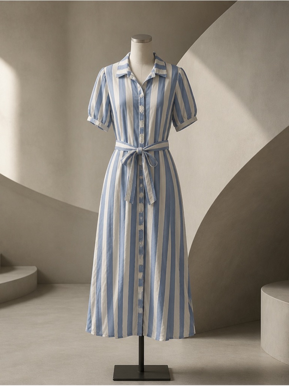 crown & ivy Blue and White Striped Midi Shirt Dress